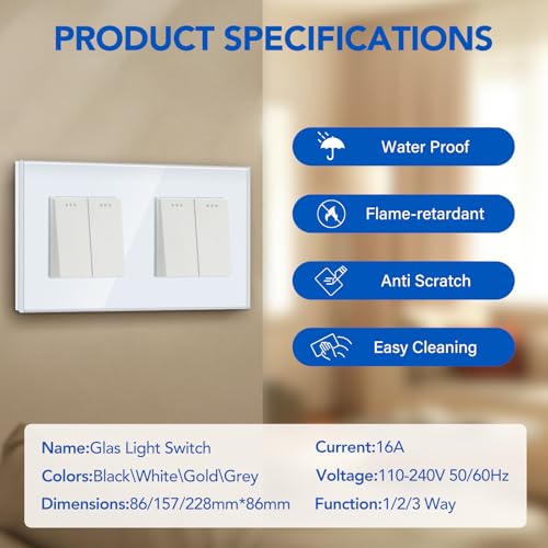 BSEED Lichtschalter 2 Fach 2 Wege +2 Fach 2 Wege Glas Lichtschalter Unterputz Taste Schalter Wechselschalter Wei&szlig; Kristall Kippschalter