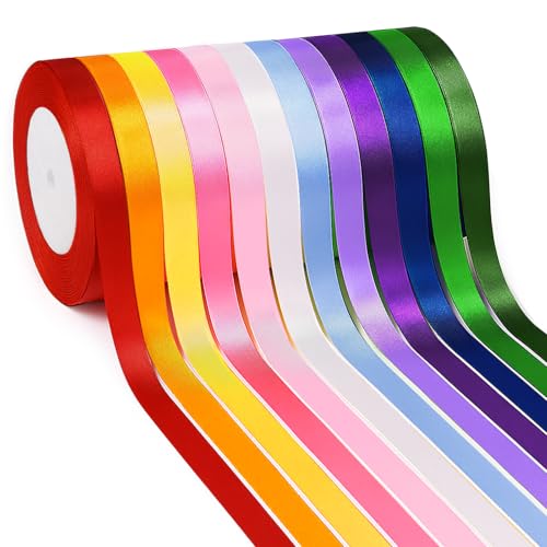 Cinta de Raso, 12 Colores Raso de Colores Vibrantes, 10mm x 22m Cinta de Satén, Cintas de Tela para Manualidades, Envoltorios de Regalos, Lazos, Decoración de Bodas