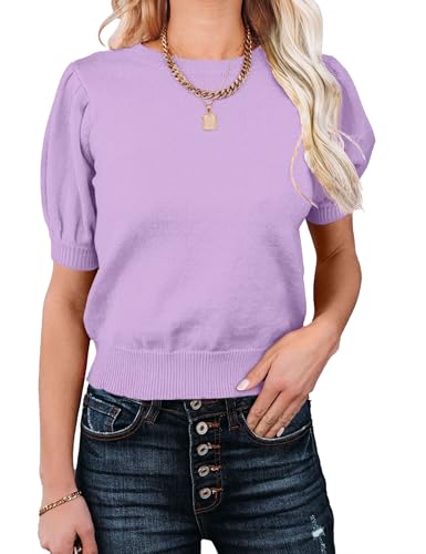 Image of Womens Puff Short Sleeve Sweater Tops Crewneck Basic Knit Pullover Lightweight Casual Sweaters