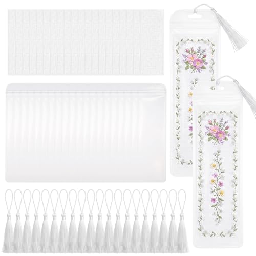 Flutesan 60 Pcs Blank Cross Stitch Bookmark Making Kit Include Cotton Blank Bookmarks with Clear Bookmark Sleeves and Tassels Cross Stitch Kit for DIY Craft Reading Book Lovers Gift Party Favor(White)