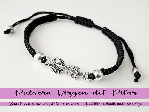 Pulsera Virgen del Pilar baño plateado macramé negro
