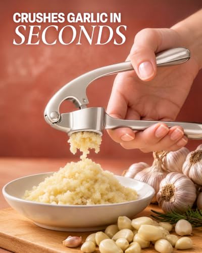Image of Zulay Kitchen Premium Garlic Press Set - Rust Proof Professional Garlic Mincer Tool - Easy-Squeeze, Easy-Clean with Soft, Ergonomic Handle - Silicone Garlic Peeler & Brush (Silver)