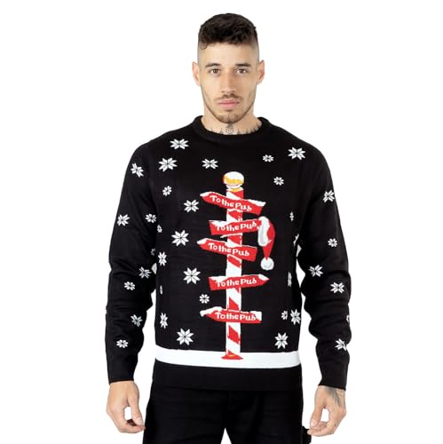 NOROZE Men's Christmas Jumpers Xmas Santa to The Pub Reindeer Novelty Unisex Long Sleeves Crew Neck Winter Pullover Top (XL, to The Pub Poll Black)