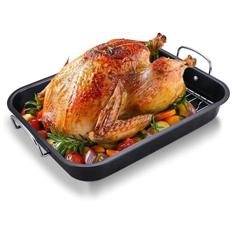 HONGBAKE Small Roasting Pan with Flat Rack for 15 Lb Turkey, 16 X 11.5 Inch Nonstick Chicken Roaster Tray for Oven, Baking Pans for Cooking Lasagna with Stainless Steel Handles Cover