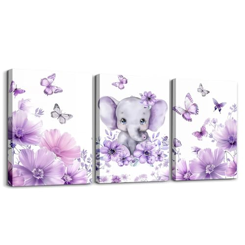 Image of Erosebridal Kids Elephant Canvas Wall Art Set of 3 12x16,Cute Zoo Animal Paintings for Living Room Bedroom Bathroom Decor,Purple Floral Framed Wall Art,Flying Butterfly Poster Prints