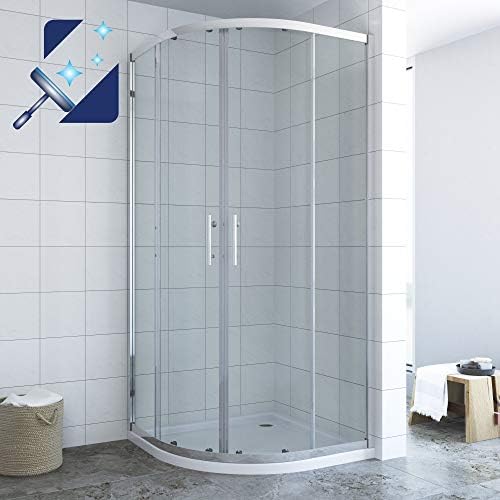 Duschkabine Viertelkreis 90x90 cm Runddusche Halbrund mit Schiebetüren aus Echtglas klar mit Nano-Beschichtung, Matt Silber Rahmen, Duschtüren Radius 55 cm, Höhe 195 cm, AQUABATOS