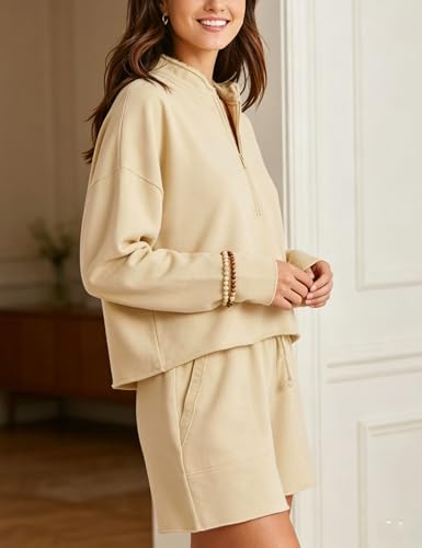 Image of Bozanly Two Piece Outfits for Women Trendy Long Sleeve Tops Shorts Set