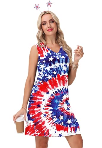 Image of Deerose Womens July 4th Sleeveless Dress American Flag Swim Cover Up Dress with Pockets