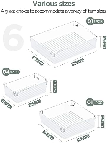 InnoGear Makeup Drawer Organiser 6 Packs Desk Drawer Organisers Fridge Trays Organizer with 3-Size Clear Plastic Storage Boxes Divider for Kitchen Bathroom Office Stationery