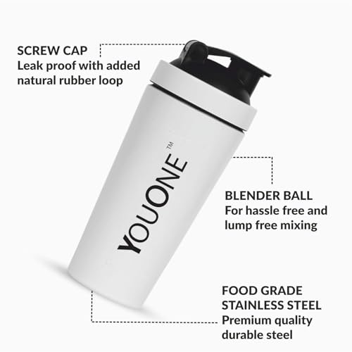 Image of YOUONE Stainless Steel Shaker Bottles For Gym - 100% Leakproof Guarantee, Ideal For Protein, Pre Workout, Bcaas & Water Bpa Free Material (White)