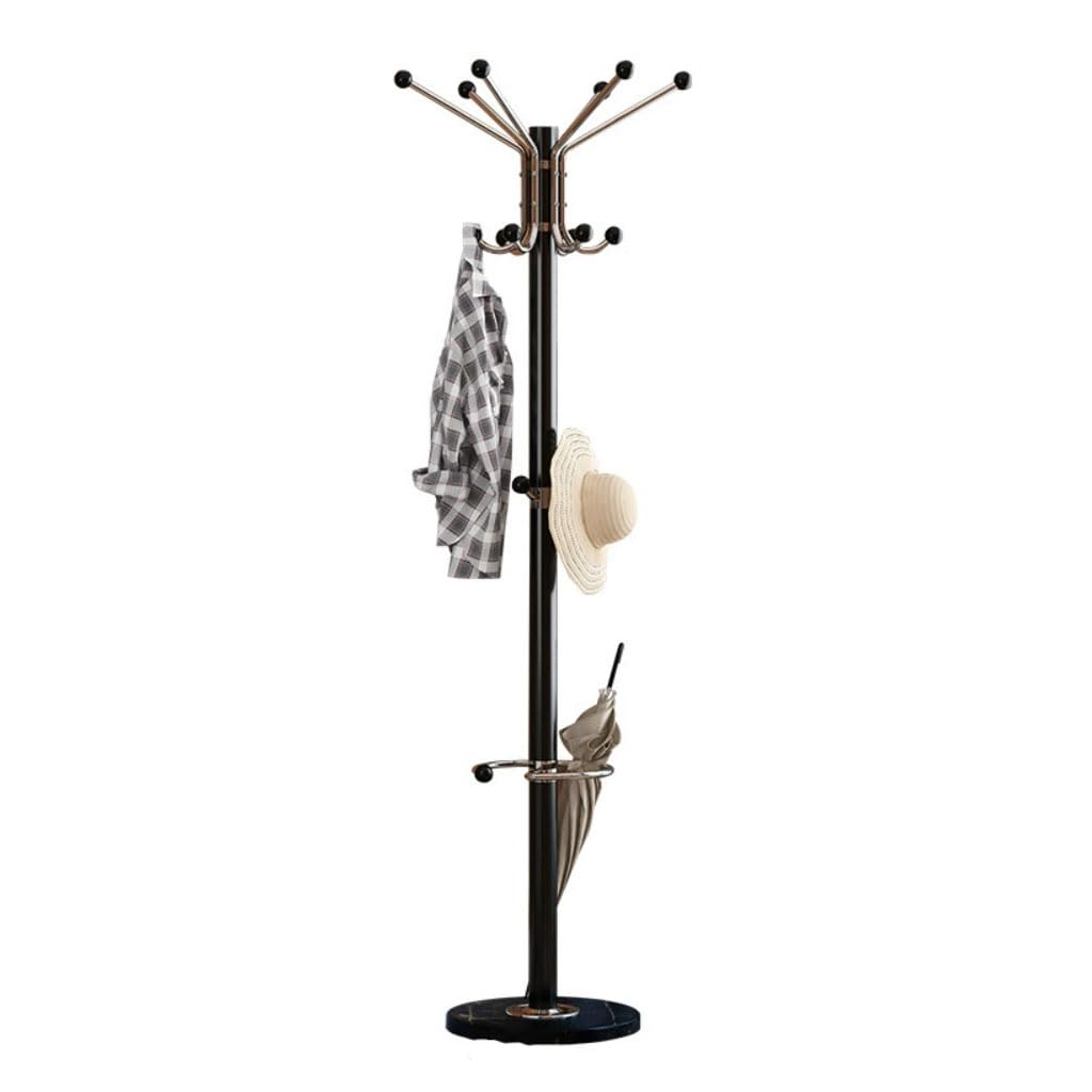 HRGKLMN Coat Rack Stable with Marble Base And Umbrella Holder, Modern Coat Stand Metal with 12 Hooks, Versatile Bag Coat Rack Stand for Entrance Living Room Office,Black