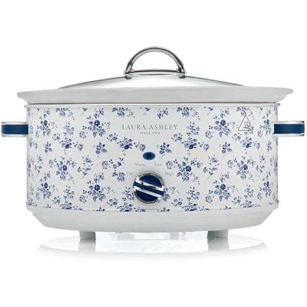 Wolnowar elektryczny Laura Ashley 6,5 Litra z Nadrukiem China Rose firmy VQ - Wolnowar dla 8 do 10 Osób, Energooszczędny, z 3 Ustawieniami Temperatury i Pokrywką ze szkła Hartowanego