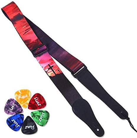 Guitar Strap for Acoustic - Vintage Strap for Classical and Electric Guitars Adjustable Soft Polyester Cotton Strap with Free Guitar Picks (Sunset)
