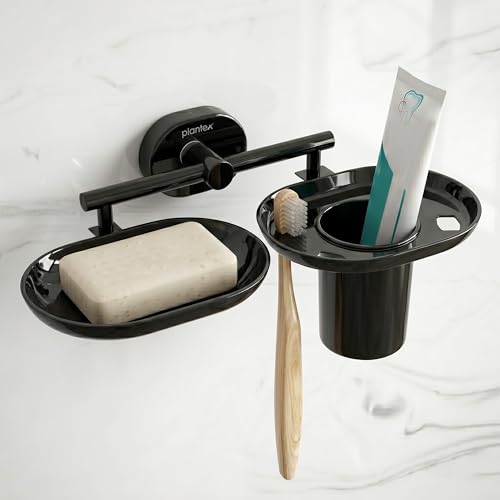 Image of Plantex J4 Stainless Steel Soap Dish with Tumbler Holder /Soap and Brush Holder for Bathrooom /2 in 1 Soap Holder with Toothbrush Holder /Bathroom Accessories (PVD Black Finish) Onix