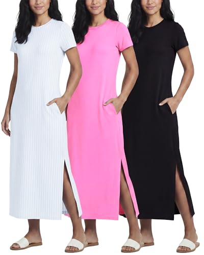 Image of Real Essentials 3 Pack Women's Casual Short Sleeve Maxi T-Shirt Dress with Slit (Available in Plus Size)