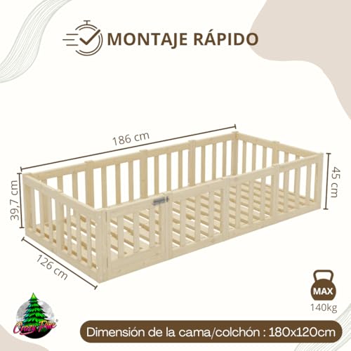 Miniatura 2 de Crazy Pine Cama Montessori 180x120 Cm - Cama Infantil Con Protección Contra Caídas 40cm Y Barrera Abrible - Camas Infantiles Superficie Lisa Niños Y Niñas - Madera Natural