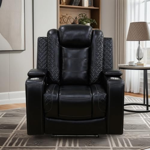 Image of Power Recliner Chair, Leather Recliners with Home Theater Seating, Oversized Single Electric Recliner Sofa Breathable Living Room Chairs for Adults Reading Gaming, Black