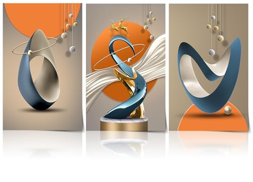 3 Pcs Modern Abstract Canvas Wall art Golden Deer Luxury Foil Lines Paintings Pictures Wall Decor White Blue orange color Grey posters Prints for Living Room Bedroom Office Home Decoration Unframed