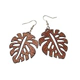 Lightweight Brown Wood Philodendron Leaf Drop Earrings