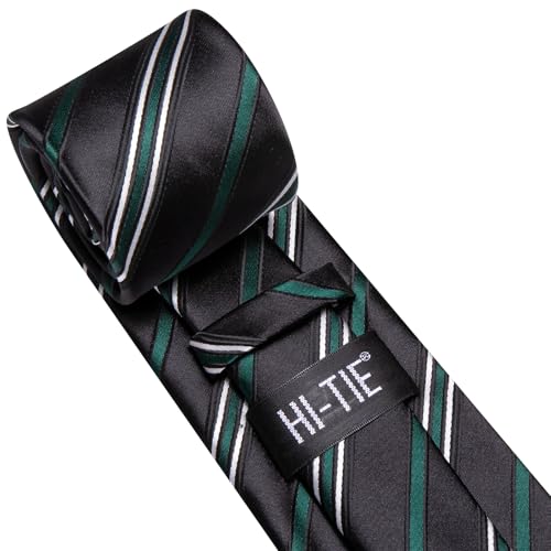 Image of Hi-Tie Striped Black Dark Green Ties Woven Formal Men Necktie Lapel Pin Pocket Square Cufflinks Sets Formal Business Wedding