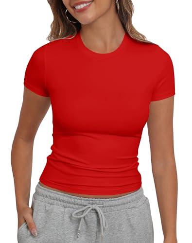 PALINDA Women's Short Sleeve T Shirts Crew Neck Slim Fitted Shirts Basic Casual Going Out Tops Sexy Y2K Tees