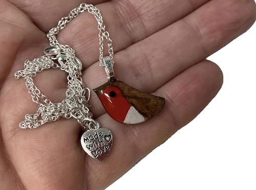 Image of Robin Necklace Unique Handmade Natural Birch Wood Pendant Adjustable Silver Plated Chain Gift Box (Robin Necklace Silver Plate)
