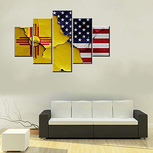 American Flag Art Usa New Mexico State Flags Wall Art Contemporary Decor Patriotic Pictures 5 Piece Canvas Artwork House Decorations Living Room Ready To Hang Posters And Prints(60''Wx40') #TOP1