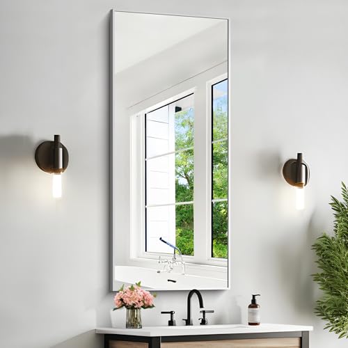 KOCUUY Silver Framed Mirror, 20"x48" Rectangle Bathroom Mirror for Wall, HD Tempered Glass, Anti-Rust Frame, Modern Design for Bathroom, Bedroom, Living Room, Entryway