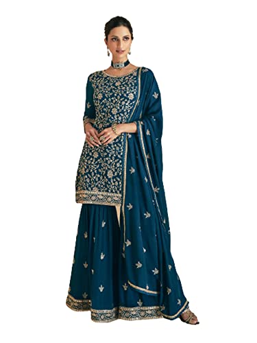 Sharara Garara en Georgette costume de fête bleu sarcelle brodé pour vos cérémonies et mariages