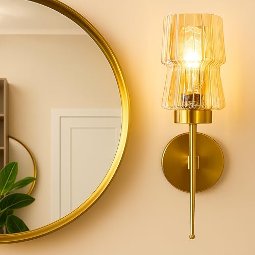 Image of SINOMAN Modern Golden Wall Lamp Amber Glass Shade Stylish Metal Body Decorative Indoor Sconce Lighting Fixture Wall Light Fixture for Living Room, Staircase, Bedroom and Home Decor (with Bulb)