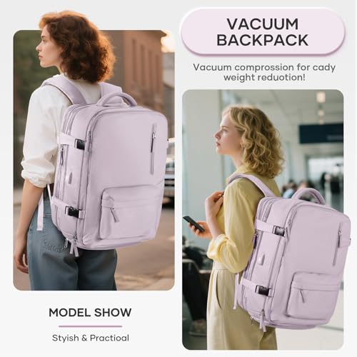 Vacuum Backpack Travel with Pump, 45L Expandable Travel Backpack for Women, Large Storage Vacuum Compression Bags with Shoe Compartment/17inch Laptop Compartment/USB Port, Cream-Pink2