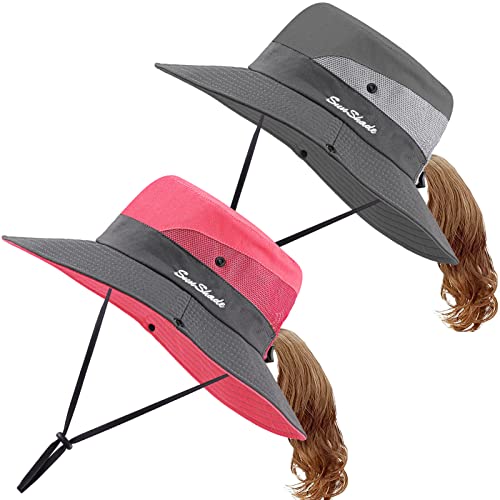 Ladiery Lot de 2 chapeaux de soleil pour queue de cheval, chapeau pliable à large bord pour la pêche en plein air, Gris et rouge pastèque, 7,25 Cover