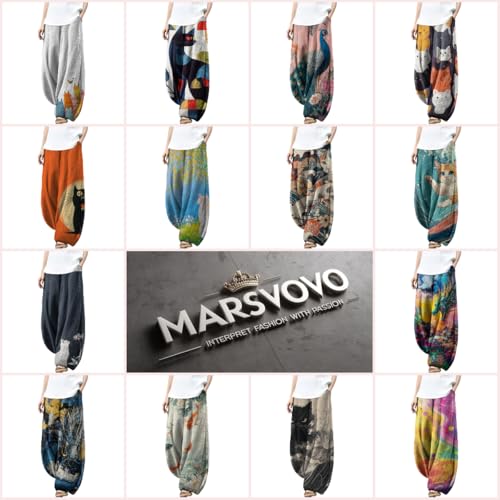 MARSVOVO Wide Leg Pants Woman Lounge Casual Cute Print Harem Pants Plus Size Elastic Travel Palazzo Pants with Pockets3