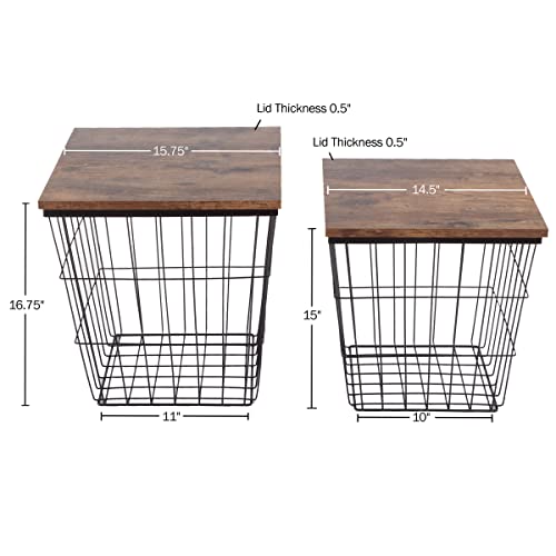 End Tables Set of 2 - Nesting Tables with Removable Wood Tops and Metal Basket Bases for Blanket Storage - Square Side Furniture for Living Room, Bedroom, or Home Office by Lavish Home (Brown) by Lavish Home - Image 3