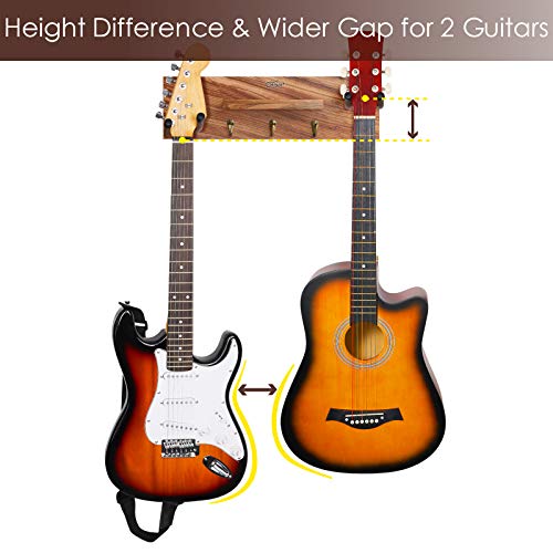 Guitar Holder Wall Mount with Double Rotatable Rubber Hook, Solid Wood Guitar Hanger with Shelf and Pick Holder, Guitar Hanging Rack for Acoustic Electric Guitar, Bass, Banjo, Guitar Accessories