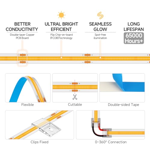 Image of BTF-LIGHTING Orange COB LED Strip Light, UL Listed 480LED /m High Density Uniform Light,16.4FT DC24V 8mm Width 3M Tape Light for Cabinet Bedroom Home Indoor DIY Lighting(No Adapter or Controller)