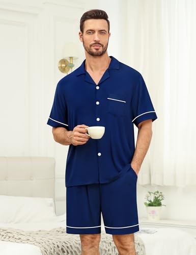 SWOMOG Mens Pajama Set Shorts Button Down Short Sleeve Sleepwear Soft Modal 2Pcs Pj Set with Pockets S-XXL3