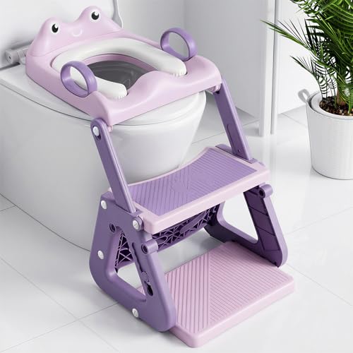Orzbow Kinder Toilettensitz, Stabil Toilettensitz Kinder mit Treppe und Dreiecksstruktur, Verlängerter Pedal- und Spritzschutz und PVC-Polster, Rutschfest und Faltbar, Frosc, Violett-Rosa