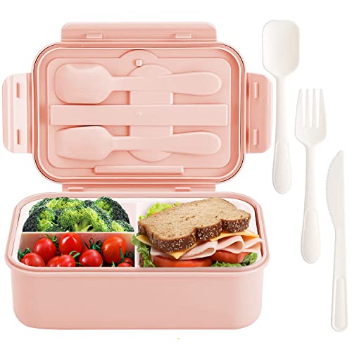 TACGEA Bento Box for Kids and Adults, Lunch Box 37oz Food Storage Container with Fork & Spoon, Knife, BPA Free, Microwave, Dishwasher Freezer Safe (Pink)