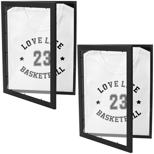 Sibosen 2 PCS 18 x 14 T Shirt Display Frame Usable Space Shadow Box Black Wood T-Shirt Frame with Uv Protection Acrylic for Football Baseball Basketball Jerseys