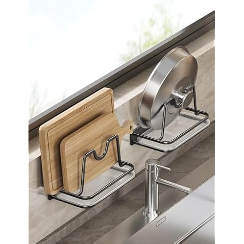 YISMAN Wall Mounted Pot Lid Organizer Rack with drain tray,No Drilling Adhesive (2 Pack,Black) Cover