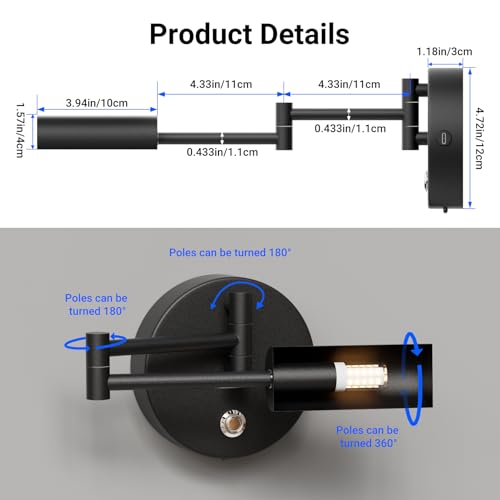 Lámpara de pared con batería sin cable Klighten 4W regulable con puerto USB-C para interiores 5