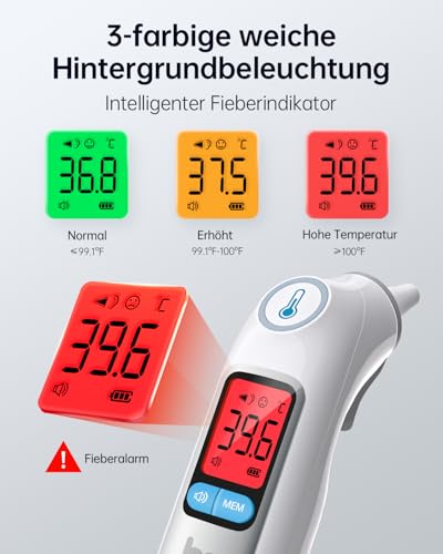 Fieberthermometer Ohr für Erwachsene & Kinder, 1s Ergebnis Hochpräzise Ohrthermometer, 30 Speicher Abrufen, 3-Farben-Fieber-Alarm… – Ansicht 2