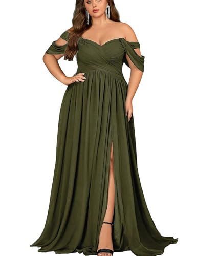 VOUIAO Women's Daily Plus Size Dresses A Line Chiffon Wedding Guest Bridesmaid Maxi Dress Prom Evening Party Cocktail Gown Olive Green 3XL