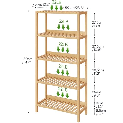 HOOBRO Bamboo Storage Shelf, 5-Tier Freestanding Shelving Unit, Multifunctional Storage Rack with Back Panel, 23.6 x 10.2 x 51.2 inches, for Bathroom, Living Room, Balcony, Kitchen, Natural YL96CJ01 by HOOBRO - Used condition - Image 4