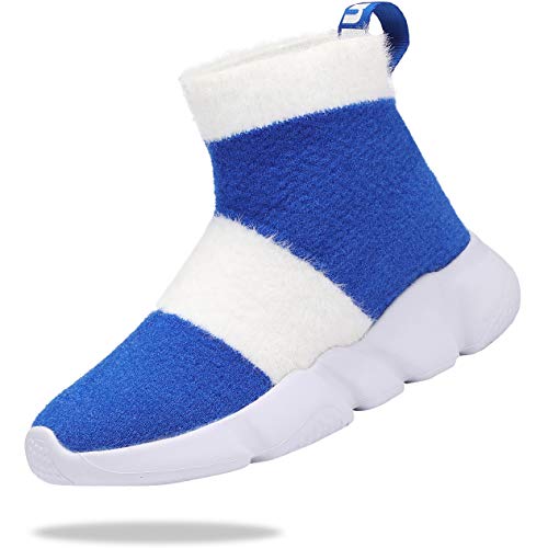 Santiro Kids Fuzzy High Top Shoes Knit Boys Slip On Sneakers Lightweight Sock Sneakers Fashion Running Shoes Blue White 4.5 M US