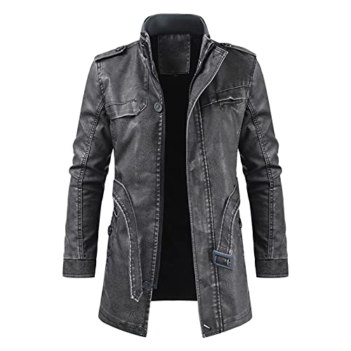 Maiyifu-GJ Mens Retro Faux Pu Leather Jacket Vintage Motorcycle Stand Collar Long Coats Outdoor Biker Overcoat Windbreaker (Black,3X-Large)