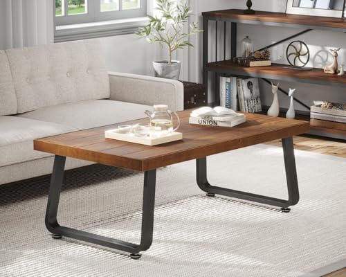 IBF Naturholz Couchtisch Rustikal Massivholz Wohnzimmertisch Rechteckig Metall und Echtholz Teetisch Modern Industriell Minimalistisch Holz Cocktailtisch Rustikal Braun 120 cm
