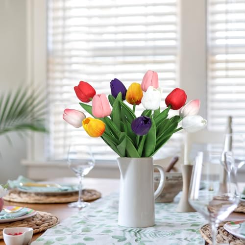 Image of Bassion 30 Pcs Multicolor Fake Tulips Artificial Flowers for Decoration | Real touch, PU faux tulips flowers, artificial plants indoor, for home decor wedding Mother's Day spring Easter decorations