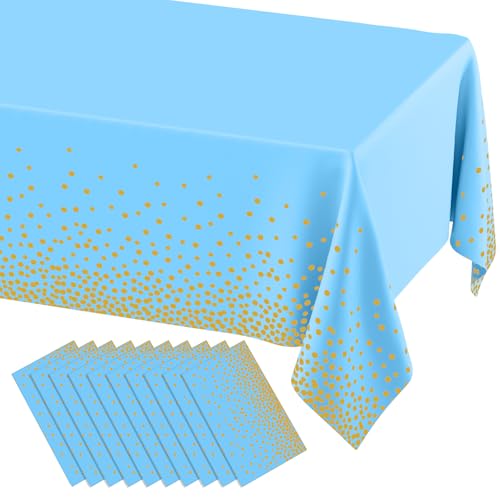 misaya 10 Packs Disposable Plastic Table Cloth, Gold Dots in Light Blue